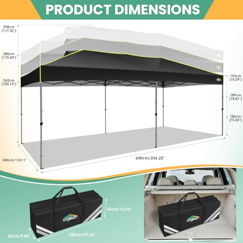 COBIZI 10x20 Pop Up Canopy Tent, Outdoor Party Tent with 6 Sidewall One Push Setup Glow, 3 Adjustable Height Air Vent Waterproof UPF50+, Bag, 4 Sandbag, 6 Stake, 12 Rope for Beach, Commercial - color: Black, size: 10x20