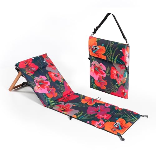 Wacho Outdoor Folding Beach Chair – Ultralight Reclining with Adjustable Wooden Backrest, Foam Padding & Water-Resistant Recycled Fabric – Portable Lounge Chair for Beach, Camping – Red and Dark Blue - color: Red and Dark Blue