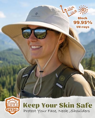 Camptrace Sun Hats for Women Men UPF 50+ UV Protection Wide Brim Hiking Fishing Hat with Neck Flap - color: 01-hot Color Beige