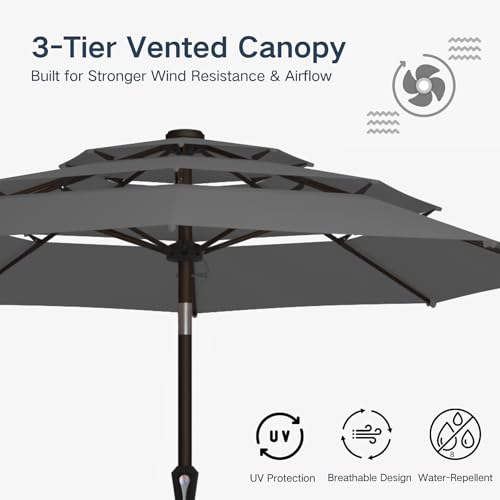 10FT Patio Umbrella 3 Tiers Outdoor Market Umbrella w/Push Button Tilt, Crank, UV and Waterproof Table Umbrella for Garden, Pool, Backyard, Deck, Lawn, Grey - color: Grey