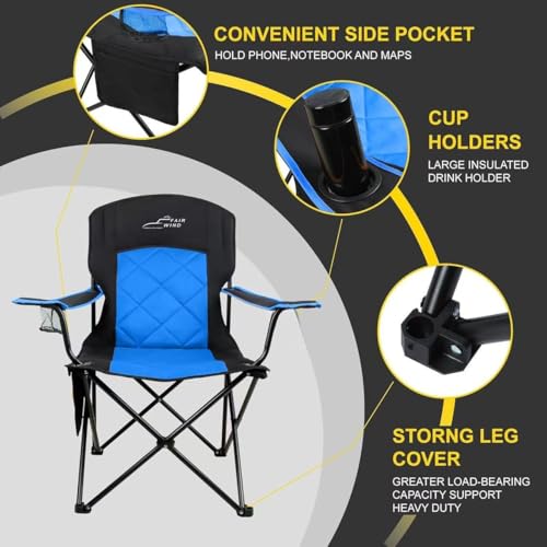 FAIR WIND Camping Chair 400 LBS Capacity Fully Padded Portable Chair with Side Pocket & Cup Holder, Heavy Duty Lawn Chair for Outside, Tailgating,Beach, Sports - color: Blue, size: Single Pack