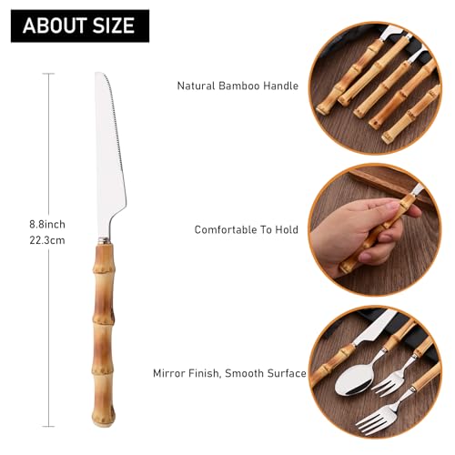Dinner Knife Set with Bamboo Handle, 8-Piece Stainless Steel Shiny Silver Dinner Knives, Creative Design Table Knives for Home Restaurant, 8.74 inch, Handcrafted - color: 8-Piece Dinner Knife