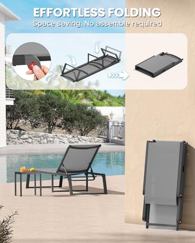 Aluminum Chaise Lounge Chair Outdoor, Foldable& No Assembly Patio Pool Lounge Chairs 5-Position Recliner for Outside, Fully Grounded Legs Sun Lounger for Poolside, Dark Grey, 2 Pack - color: Dark Grey, size: 2
