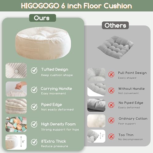 HIGOGOGO 8" Extra Thick Floor Pillow Cushion for Adults, Meditation Cushion Pillow, Large Round Floor Sitting, Tufted Corduroy Cover, for Tatami Living Room or Yoga, 22x22 Inch, 2Pack, Beige - color: Round Beige, size: 8" Thick(Pack of 2)