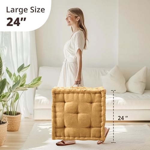 Intelligent Design Large Floor Pillow for Adults Yoga or Meditation Cushion with Handle, Floor Cushion for Board Games, Lustrous Chenille Tufted, Handsewn Scalloped Edge, Azza, 24" x 24" x 5" Yellow - color: Square Yellow With Handle, size: 24"W x 24"L x