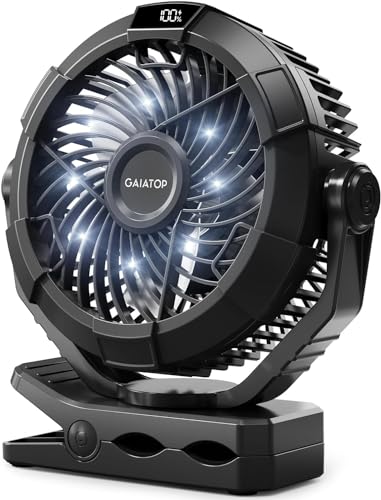 Gaiatop Portable Camping Fan with LED Lantern, 360°Rotation and Clip on for Desk, 4000mAh USB Rechargeable Battery Powered, Digital Display and Hanging Hook for Tent Outdoor Travel Bedroom Black - color: Black