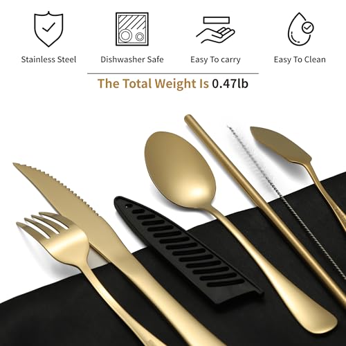 Travel Utensils with Case, Portable Silverware Set Stainless Steel Lunch Box Travel Cutlery Set for Work, Camping, Picnic, Hiking, Office (Gold) - color: Gold