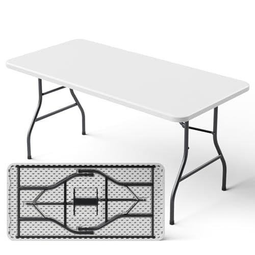 5ft Folding Table, Heavy Duty Plastic Card Table with Foldable Steel Legs, Metal Frame Support up to 500 lb, Portable for Indoor, Outdoor, Picnic, Camping, Dining, Party, White - color: White, size: 5FT