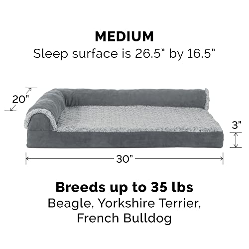 Furhaven Cooling Gel Dog Bed for Medium/Small Dogs w/ Removable Bolsters & Washable Cover, For Dogs Up to 35 lbs - Two-Tone Plush Faux Fur & Suede L Shaped Chaise - Stone Gray, Medium - color: (Two-Tone Faux Fur & Suede) Stone Gray, size: Medium