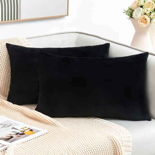 Throw Pillow Covers Decorative Velvet Set of 2 12x20 Inch Pillow Covers, Soft Black Lumbar Pillowcases for Couch Sofa Bed Living Room, Farmhouse Home Boho Decor, Accent Cushion Covers - color: Black, size: 20" x 12" (Pack of 2)