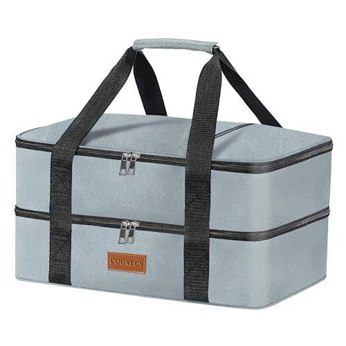 Double Decker Insulated Casserole Carrier for Hot or Cold Food, Food Warmer Bag for Potluck Parties/Picnic/Cookouts, Fits 9"x13" Baking Dish, Leak Proof Travel Food Containers, Durable Nylon, Grey - color: grey-2