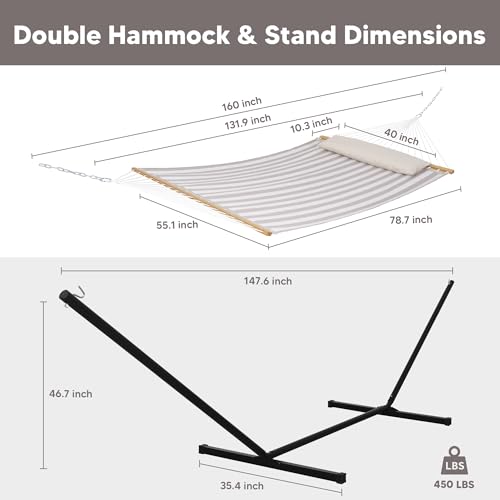 SUNCREAT Double Hammock with Stand Included, Outdoor Portable Hammock with Stand, Light Gray Stripes - color: Light Gray, size: 78.7 x 55.1 in, Hammock with 144 in Stand