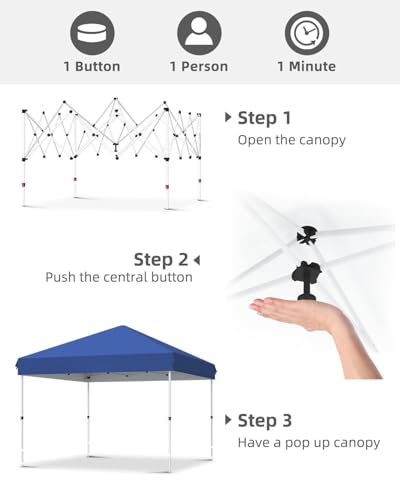 GarveeLife 10x10 Pop Up Canopy with One Button Push Setup - Heavy Duty Outdoor Canopy Tent with Portable Roller Bag - 3 Adjustable Height, 4 Weight Bags, 8 Stakes & 4 Guy Ropes Included, Blue - color: Blue