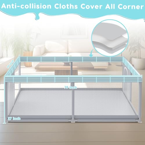 Fshibila 79" ×79" Extra Large Baby Playpen, Baby Playard for Babies and Toddlers, BabyFence Play Pens for Indoor & Outdoor, Sturdy Safety Play Yard with Soft Breathable Mesh, Anti-Fall, Grey - color: Grey, size: 79 x 79 IN
