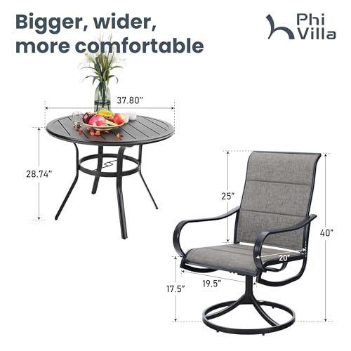 PHI VILLA Patio Dining Set 5 Piece, 4 Padded Textilene Swivel Patio Chairs and 1 Round Metal Table with 1.57" Umbrella Hole, All Weather Resistant for Lawn Garden - color: Brown Padded Fabric, size: 37.8"Dia x 28.7"H-Metal-5 Piece