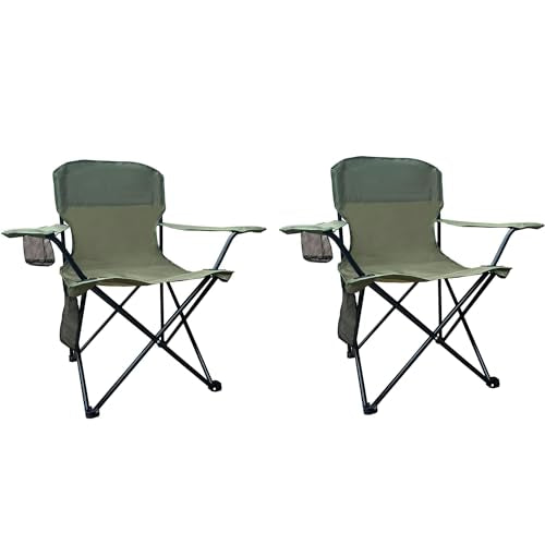 Folding Camping Chair with Cup Holder & Storage Bag, 225lbs Capacity, Large Anti-Sink Feet, Breathable PE Coated Fabric for Outdoor, Hiking, Beach, Fishing, Backpacking, 2PCS Green - color: Green, style: 2PACK