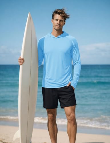 KEFITEVD Men's Sun Protection UPF 50+ Hoodie Shirts Long Sleeve Swimming Fishing Shirt SPF UV Quick Dry Rash Guards - color: Blue, size: Small