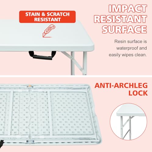 Portable 4Ft Folding Table, Heavy Duty Plastic Fold-in-Half Utility Foldable Table Small, Adjustable Height Plastic Folding Table with Carrying Handle for Camping & Party Indoor/Outdoor(White) - color: White, size: 4Ft