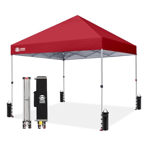 CROWN SHADES 8x8 Pop Up Canopy - Beach Tent with One Push Setup - Easy Outdoor Sun Shade for Events, Parties, Camping - Gazebo with STO-N-Go Cover Bag, Silver Coated Top, Red - color: Red, size: 8x8