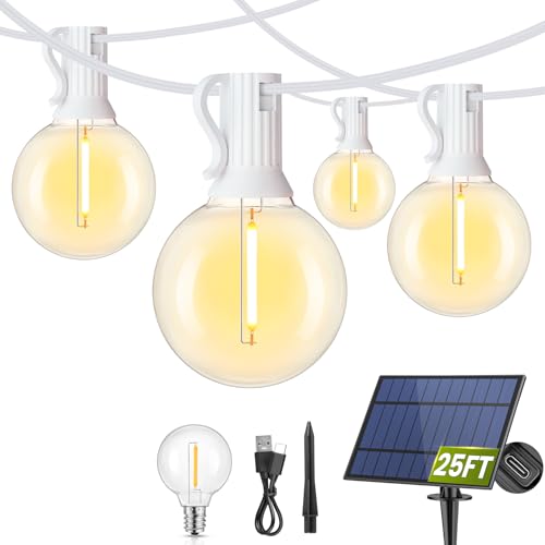 Mlambert 25FT Solar Powered String Lights Outdoor, Waterproof Solar Patio Light String with 10+1 Shatterproof LED G40 Bulbs for Backyard Garden-White - color: White