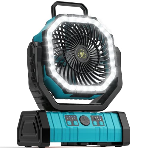 Camping Fan - 20000mAh Battery Powered Fan Rechargeable with LED Lantern - Portable Outdoor Tent Fans with Hanging Hook 4 Speeds Wind Remote Control, Blue - color: Blue