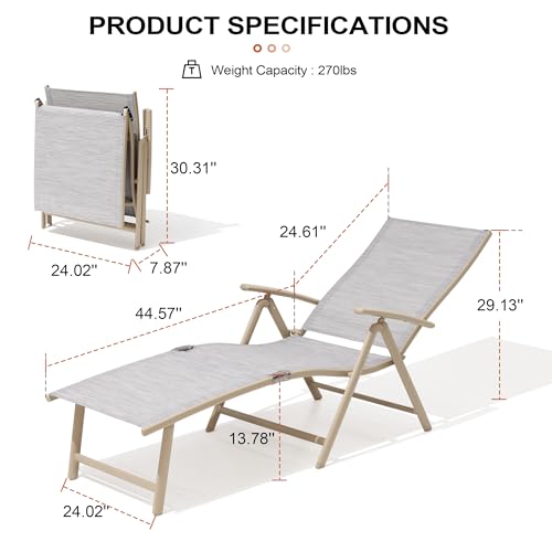 Crestlive Products Chaise Lounge Chair Outdoor Set of 2, Aluminum Folding Patio Recliner Chair, Adjustable 8 Positions Assemble-Free Perfect for Beach, Yard, Pool, Deck（Multi-Color） - color: Multi-color, size: 2 Pcs