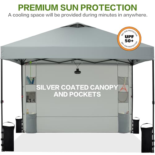 Tunbne 10'x10' Pop Up Canopy Tent with 1 Sidewall and 6 Pockets, One Push Setup, Instant Shade Tent with Vented Roof for Beach Patio Outdoor, Case, 8 Stakes, 4 Ropes, 4 Sandbags (Light Gray, 10x10) - color: Light Gray, size: 10x10