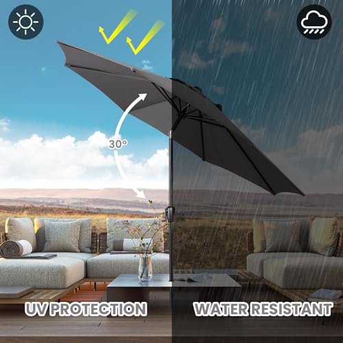 Sun-Ray 9' Round Patio Umbrella with Push-Button Tilt and Hand Crank Lift System, Market Umbrella for Porch, Deck, and Patio - color: Grey