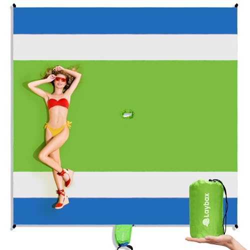 Green Water-Resistant, Sandproof 10x9ft Beach Blanket With Umbrella Hole–Beach Mat, Compact and Lightweight, Stuff Sack, 4 Stakes, Sand Pockets, Works with Beach Canopies, Umbrellas, Kids Tents - color: Green, size: 9x10