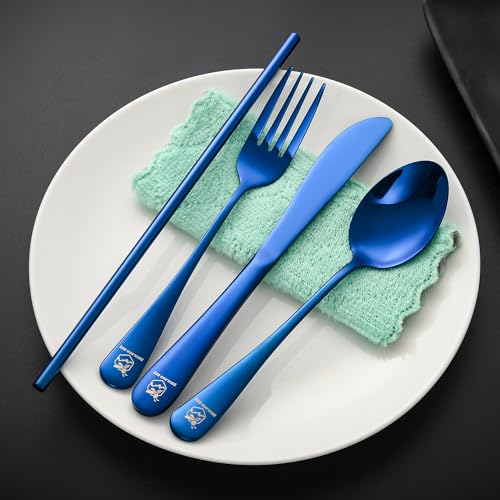 Boulder Bee | Travel Utensils Set | Reusable Camping Cutlery Set | Stainless Steel Flatware Set | Portable Silverware Set with Case | Includes Knife/Fork/Spoon/Straw/Cleaning Cloth/Case (Blue) - color: Blue