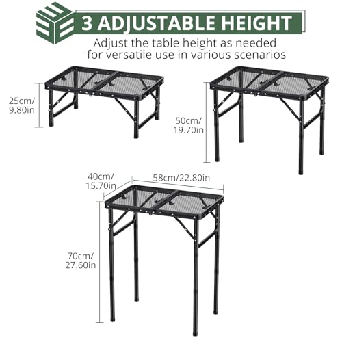 EYPINS 2ft Folding Grill Table with 3 Adjustable Heights Max 27.6'',Aluminum Heat-Resistant Cooking Camping Table,Lightweight Portable Side Table with Handle for Outside Patio BBQ,Black 22.8''x15.7'' - color: Black, size: 23x16x 27.5 Inch