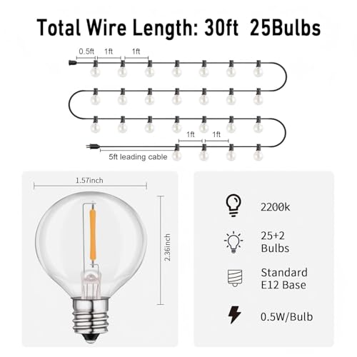 LED 30FT Outdoor String Lights with Remote Waterproof Patio Lights Dimmable 27 Shatterproof G40 Bulbs, Globe String Lights Decorative Balcony Bistro Gazebo Porch Cafe Lights - size: G40 30ft with remote