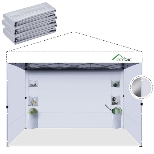 Acepic Instant Canopy Sidewalls 10x10 FT for Pop Up Canopy, Waterproof and UV Protection, 300D Polyester Canopy Walls with 6 Pockets, White/Silver(3PCS Sidewall Only, Canopy Tent NOT Included)