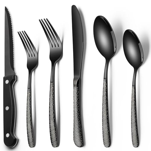 EWFEN 24-Piece Black Silverware Set with Steak Knives, Black Flatware Set for 4, Food-Grade Stainless Steel Tableware Cutlery Set, Mirror Finished Utensil Sets for Home Restaurant, Round Hammered - style: Round Hammered