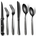 EWFEN 24-Piece Black Silverware Set with Steak Knives, Black Flatware Set for 4, Food-Grade Stainless Steel Tableware Cutlery Set, Mirror Finished Utensil Sets for Home Restaurant, Round Hammered - style: Round Hammered