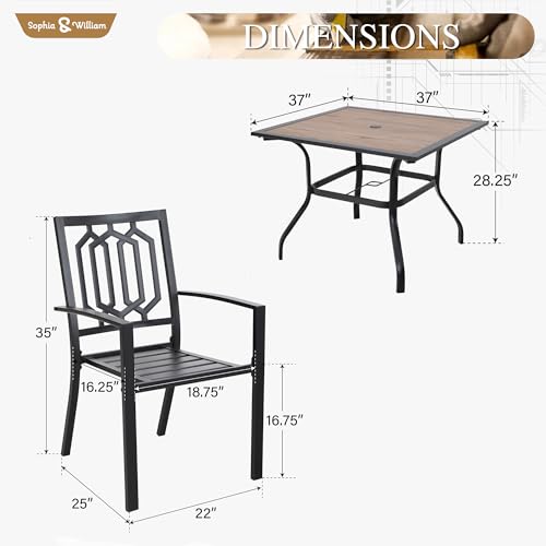 Sophia & William 5 Piece Outdoor Patio Dining Set Metal Table and Chairs Set with 37" Wood-Like Table Top and 1.57" Umbrella Hole - color: Geometry, size: 37" - Wood-like