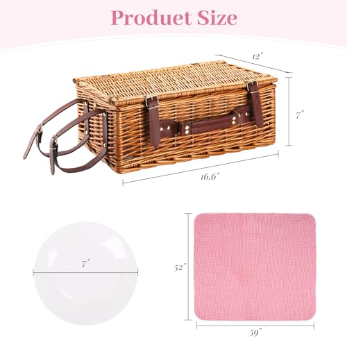 Neti Neti Wicker Picnic Basket for 4 with Insulated Cooler & Waterproof Blanket – Large Willow Picnic Hamper for Outdoor, Camping, Beach, Romantic Dates, Valentine’s Day - color: Red Plaid