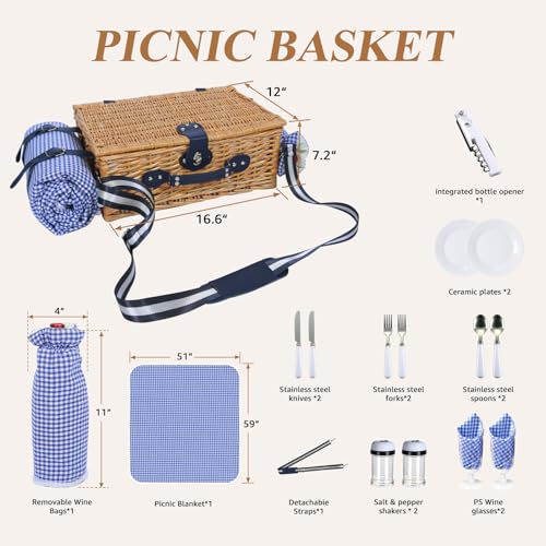 Picnic Basket for 2 with Blanket, Willow Picnic Basket Set with Shoulder Strap&Wine Pouch, Large Willow Hamper with Insulated Cooler for Outdoor, Camping, Beach, Couples, Wedding Gift - color: Blue and White Grid