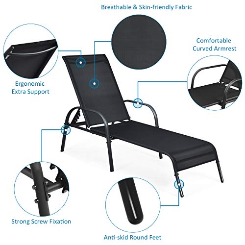 Tangkula Lounge Chair Outdoor, Patio Chaise Lounge with Adjustable Backrest, Reclining Pool Lounge Chair for Outside with Heavy Duty Steel Frame, Suitable for Beach, Yard, Balcony, Poolside - color: Black