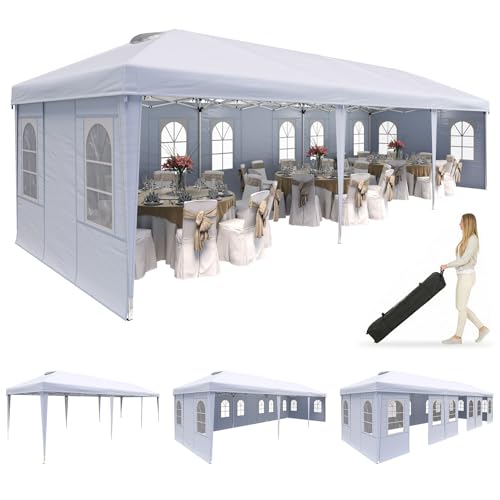 EROMMY 10x30 Heavy Duty Pop Up Canopy Tent with 8 Removable Sidewalls, Waterproof UV50+ Gazebo with Mosquito Netting, Easy Setup Instant Shelter for Backyard, Party, Wedding & Commercial Use, White - color: White, size: 10’x 30’