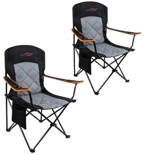 FAIR WIND 2 Pack Fully Padded Camping Chair 350LBS Capacity Heavy Duty Portable Chair with Cup Holder &Side Pocket Lawn Chair for Outside, Tailgating,Beach, Sports - color: Black, size: Twin Pack