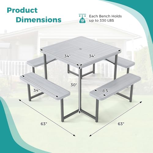 Byroce Outdoor Picnic Table for 4-8 Person, HDPE Picnic Camping Table Set with 4 Benches, Umbrella Hole & Metal Frame, Heavy Duty Square Dining Table Chairs for BBQ in Patio, Yard & Poolside (Gray) - color: Grey
