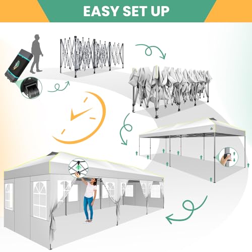 COBIZI 10x30 Pop Up Canopy Tent, Wedding Party Tent with 8 Sidewall One Push Setup Glow, 3 Adjustable Height Air Vent Waterproof UPF50+, Wheeled Bag, Sandbag, Stake, Rope for Commercial, Outdoor - color: White, size: 10x30 With 8 Sidewalls