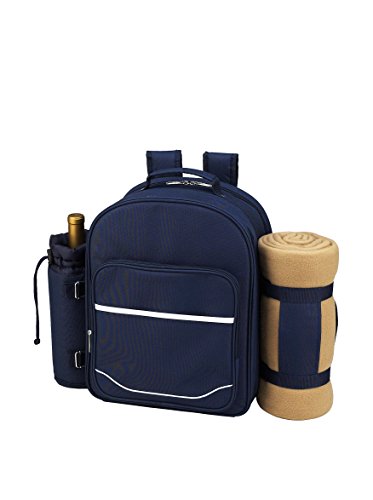 Picnic at Ascot - Deluxe Equipped 4 Person Picnic Backpack with Cooler, Insulated Wine Holder & Blanket - Trellis Blue - color: Navy/White With Trellis Blue