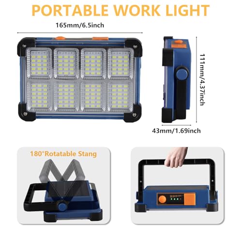 120W Solar Rechargeable Work Light, 144 LED Portable Flood Light with Stand, IP66 Waterproof 4 Modes LED Job Site Lighting Flashlights for Mechanic Camping Fishing Car Repair(Blue 1 Pack) - style: Blue 1 Pack