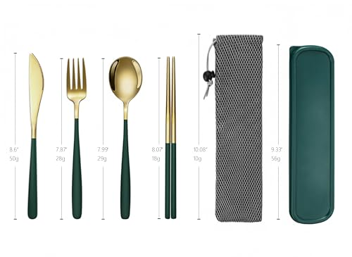 Portable Camping Utensil Set - 18/8 Stainless Steel Travel Silverware with Compact Case - Reusable Knife Fork Spoon Chopsticks Kit for Hiking, Picnic, Backpacking & Outdoor Eating (Gold Green) - color: Gold Green