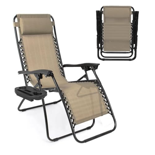 Amazing for less Zero Gravity Lounge Chair Adjustable Outdoor Reclining Chair Folding Patio Anti-Gravity Indoor Outdoor Lounge Chair w/Pillow, Cup Holder (One Chair -Beige) - color: One Chair - Beige