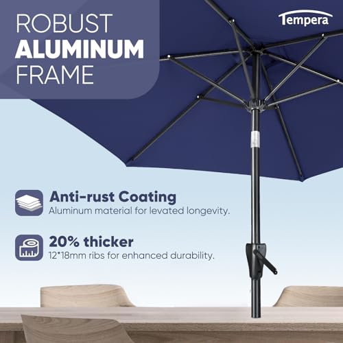 Tempera Patio Market Outdoor Table Umbrella with Push Button Tilt and Crank, Large Sun Umbrella with Sturdy Pole & Fade Resistant Canopy, Easy to Set - color: Navy, size: 9 FT