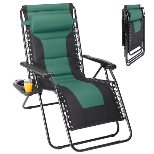 NEWBULIG Padded Zero Gravity Chair, Foldable Outdoor Lounge Chair for Patio, Camping & Backyard, Portable Anti-Gravity Recliner, Adjustable Locking, Removable Tray, 330 lbs Capacity, Black & Green