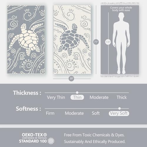 WEKAPO Turkish Beach Towel 39"x71" Oversized, 100% Cotton, Ultra Absorbent & Sand Resistant, Extra Large Beach Towel, Perfect for Beach, Bathroom, Pool, Travel (Grey Sea Turtle)